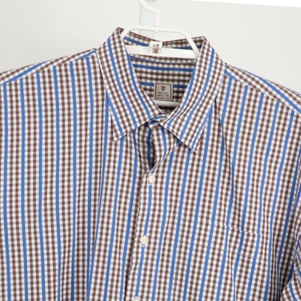 Peter Millar Button Down Shirt Mens XL Brown Blue Gingham Striped Long Sleeve